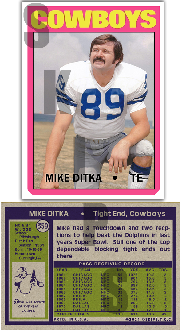 1972 STCC #359 Mike Ditka Dallas Cowboys Custom HOF